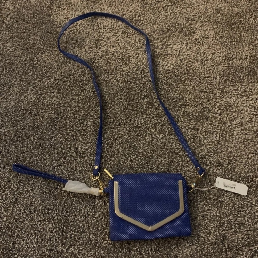 NWT! Blue Crossbody Bag with Gold Polka Dots